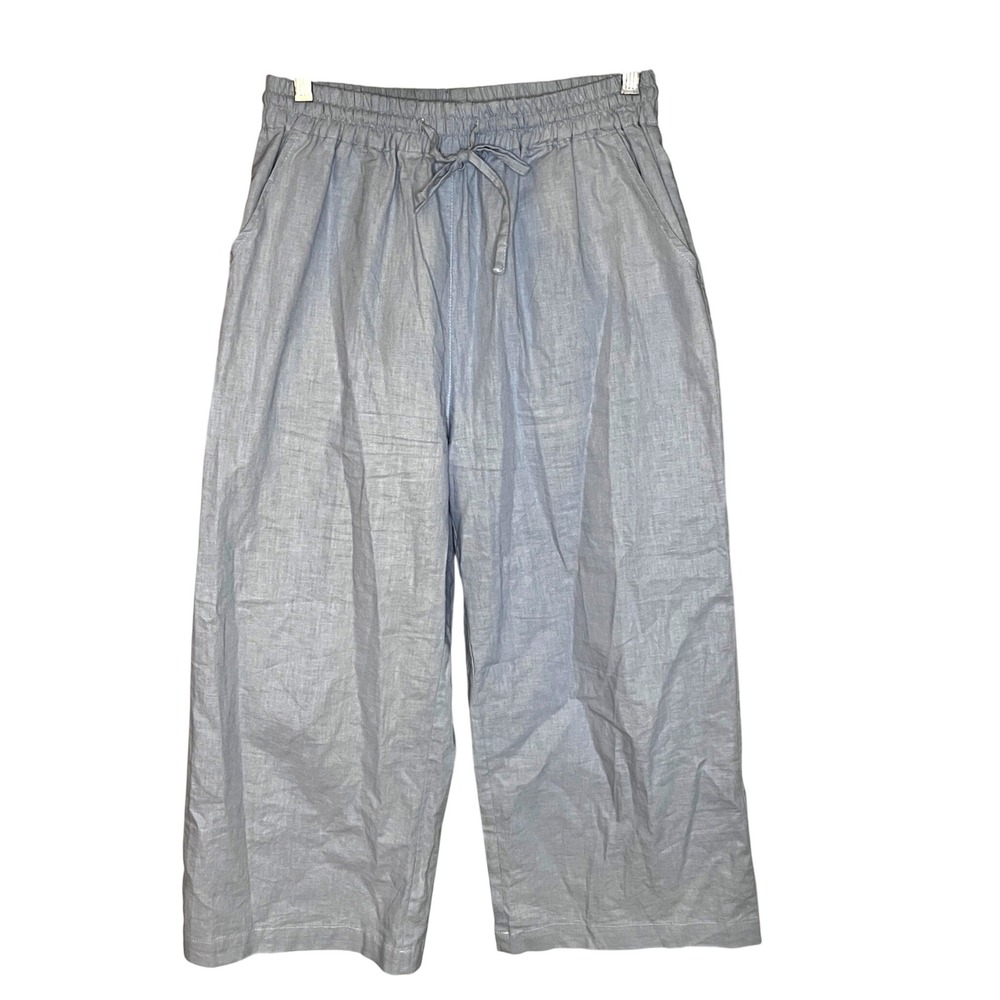 Ecupper‎ Womens Linen Cotton Wide Leg Cropped Pants Light Blue Drawstring Medium